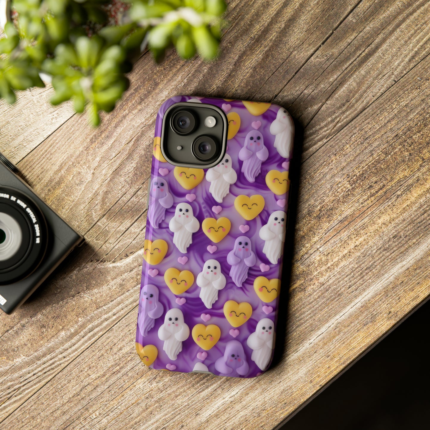 Purple Passion Ghostly Hearts Phone Case, Adorable Spirits with Love Emojis Cover for Smartphones, Tough Phone Cases