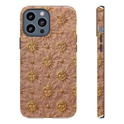 Custodia per iPhone con motivo sole celeste, design solare 3D strutturato, custodia protettiva lussuosa, custodie per telefono resistenti