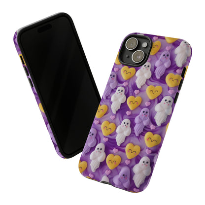 Purple Passion Ghostly Hearts Phone Case, Adorable Spirits with Love Emojis Cover for Smartphones, Tough Phone Cases