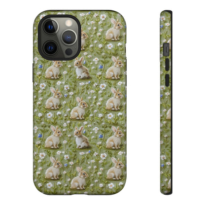 Custodia per iPhone Meadow Rabbits, design Serene Spring Wildlife, custodia protettiva di ispirazione ecologica, custodie per telefoni resistenti