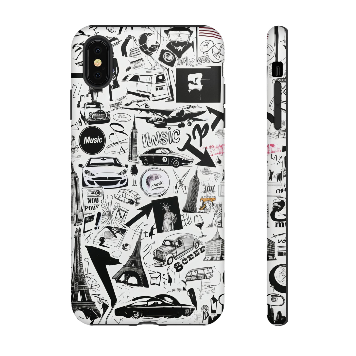 Iconica custodia per telefono con collage musicale in bianco e nero, cover dal design grafico moderno per audiofili, custodie per telefoni resistenti