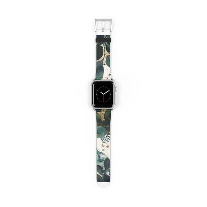 Cinturino per Apple Watch dal design a foglia tropicale, cinturino artistico botanico, accessorio di moda ispirato al verde, cinturino eco-chic, regalo perfetto per gli amanti della natura. Cinturino in ecopelle vegana 