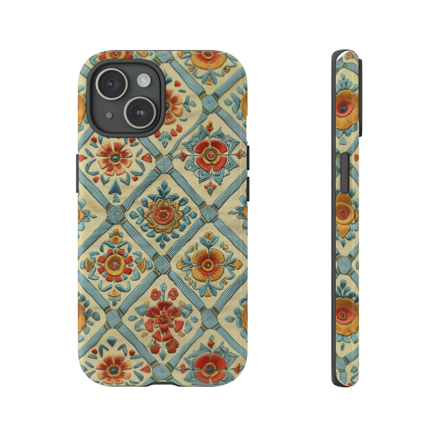 Vintage gesteppte florale iPhone-Hülle, Telefonhülle mit besticktem Design, handwerklich inspirierte Schutzausrüstung, robuste Hüllen