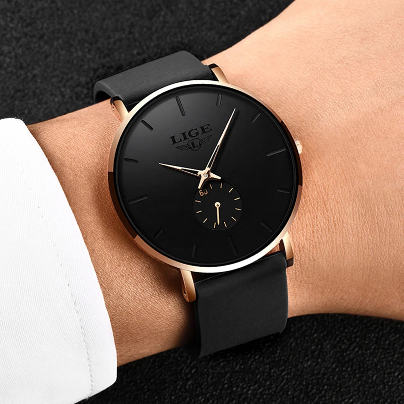 LIGE Minimalistische Herrenuhr, elegantes schwarzes Zifferblatt mit roségoldenen Akzenten, modernes Silikonarmband