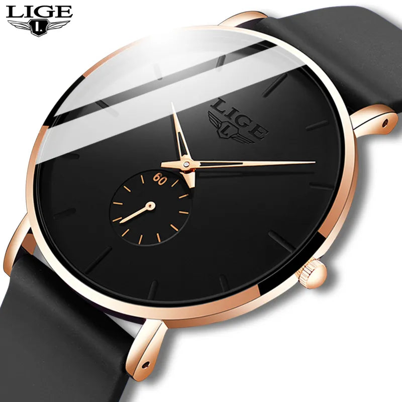 LIGE Minimalistische Herrenuhr, elegantes schwarzes Zifferblatt mit roségoldenen Akzenten, modernes Silikonarmband