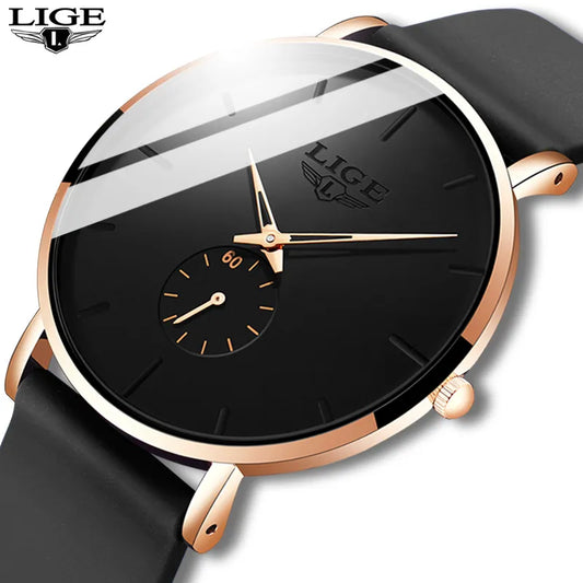 Orologio da uomo minimalista LIGE, elegante quadrante nero con accenti in oro rosa, cinturino moderno in silicone