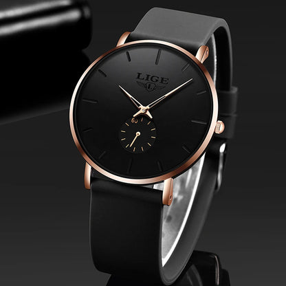 LIGE Minimalistische Herrenuhr, elegantes schwarzes Zifferblatt mit roségoldenen Akzenten, modernes Silikonarmband