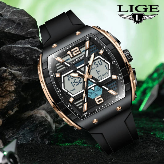 LIGE Top Brand Men's Watch Luxury Square Quartz Watch 5Bar Waterproof Luminous Chronograph Dual Display Watch Men's Date Clock