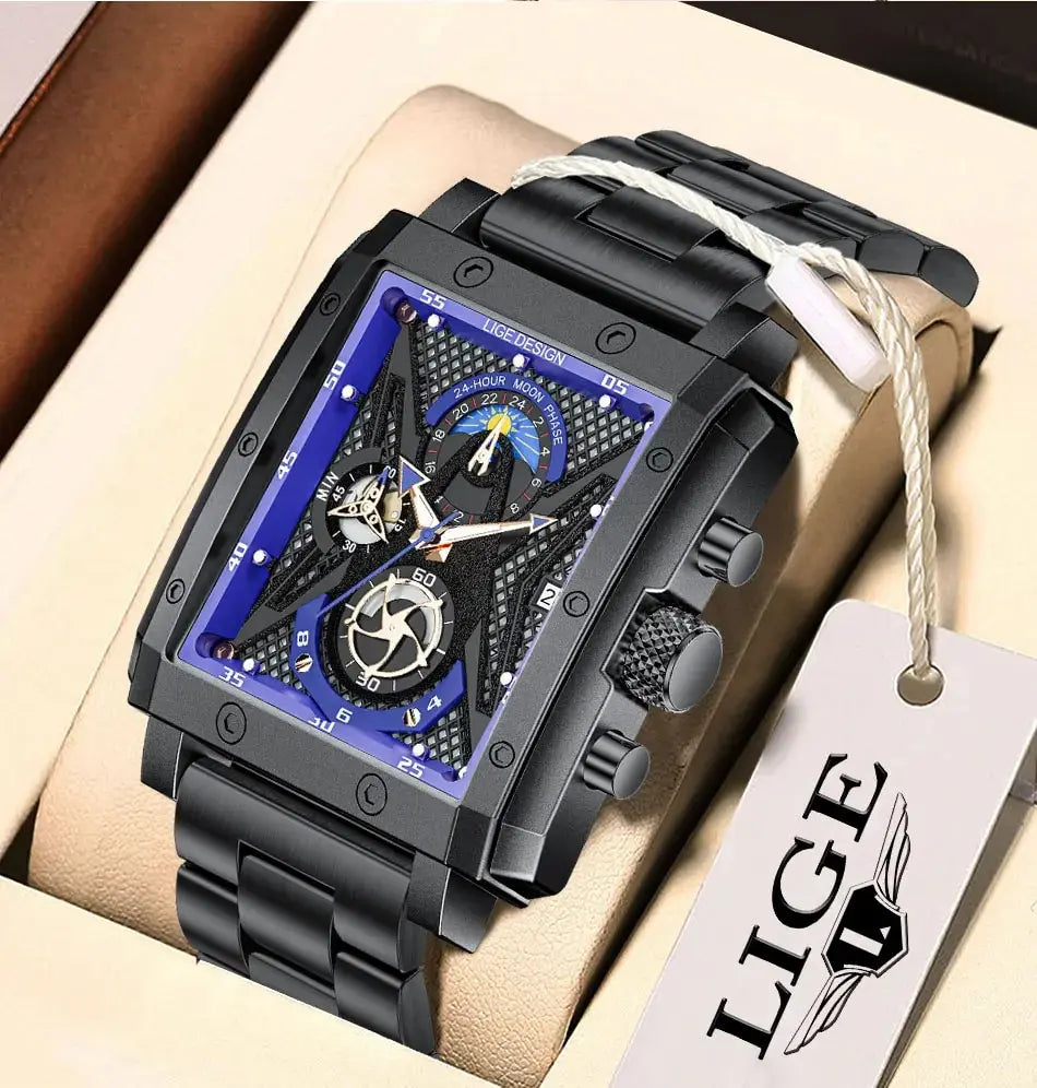 LIGE Herrenuhr, lässige Militär-Sport-Quarz-Chronographen-Armbanduhr für Männer, Designer-Herrenuhr aus Edelstahl, mechanisches Tourbillon-Uhrwerk, luxuriöses Mode-Uhrwerk, Geschenkset mit Garantie