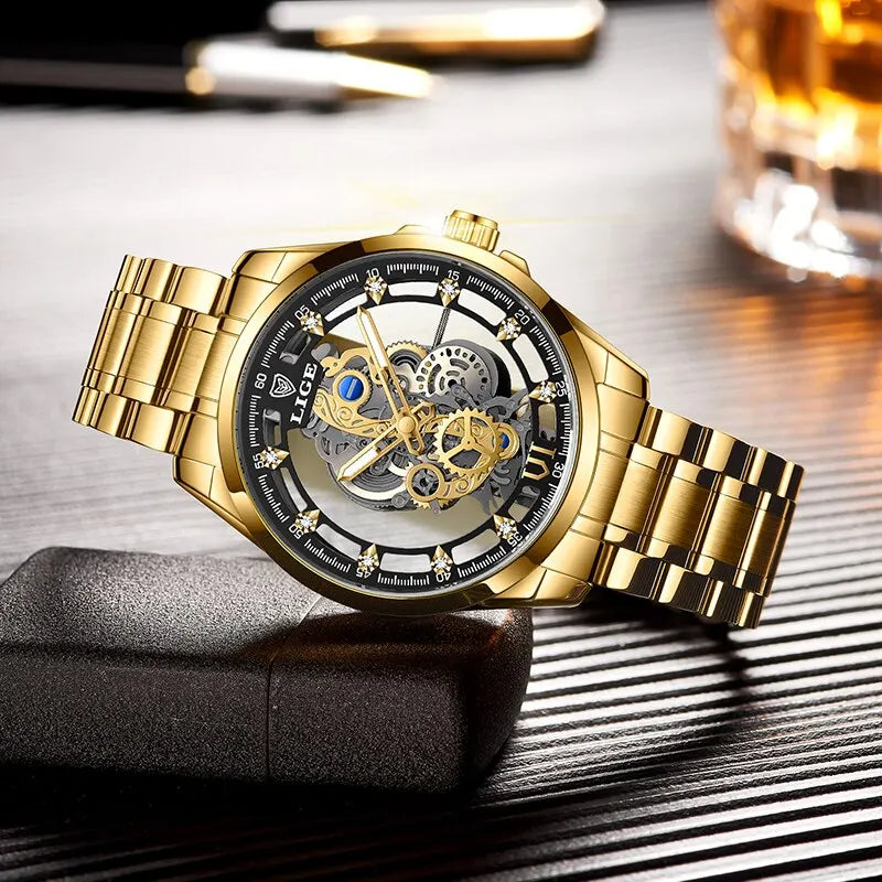 LIGE Luxury Skeleton Dial Watch Collection, Exquisite Craftsmanship in Gold and Silver Finishes