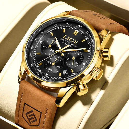 LIGE Men's Leather Strap Chronograph Watch, Refined Sports Design in Multiple Finishes