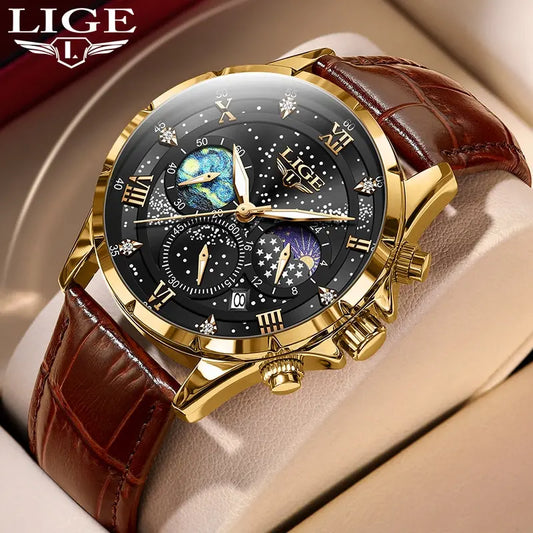LIGE Celestial Leather Series: Men's Cosmic Dial Watches, Stellar Craftsmanship in Elegant Hues