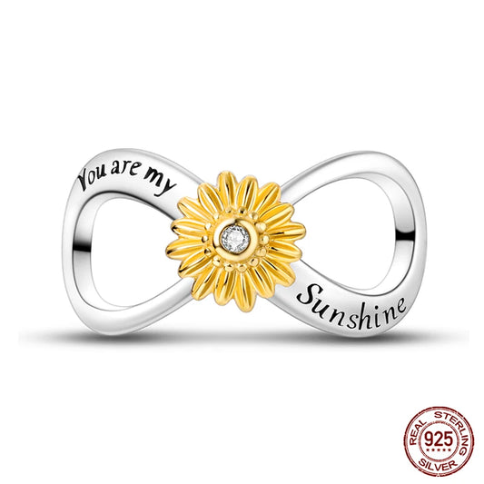 "You are my Sunshine" Sunflower Infinity Silver Charm with Crystal Center