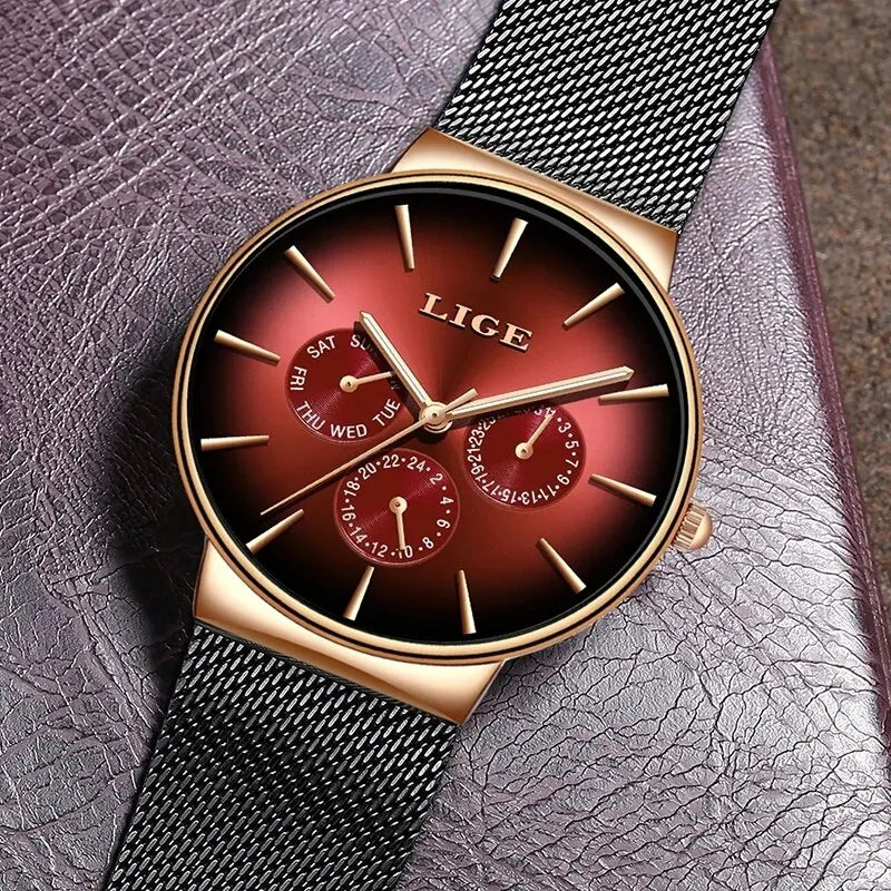 LIGE Herrenuhrenkollektion mit Mesh-Armband, Chronographen mit farbenfrohem Zifferblatt, moderne Zeitmesser aus Metall