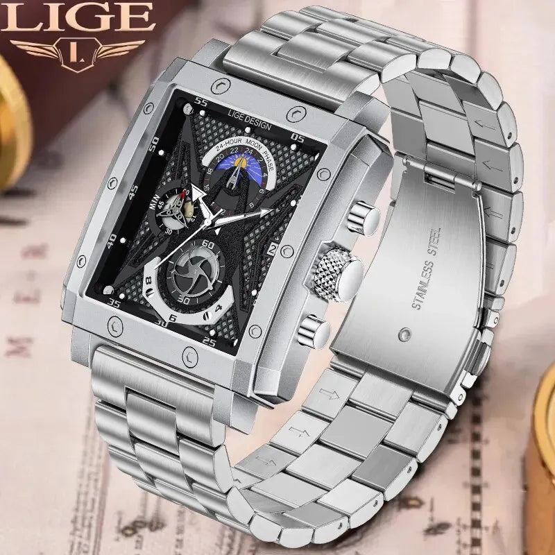 LIGE Herrenuhr, lässige Militär-Sport-Quarz-Chronographen-Armbanduhr für Männer, Designer-Herrenuhr aus Edelstahl, mechanisches Tourbillon-Uhrwerk, luxuriöses Mode-Uhrwerk, Geschenkset mit Garantie