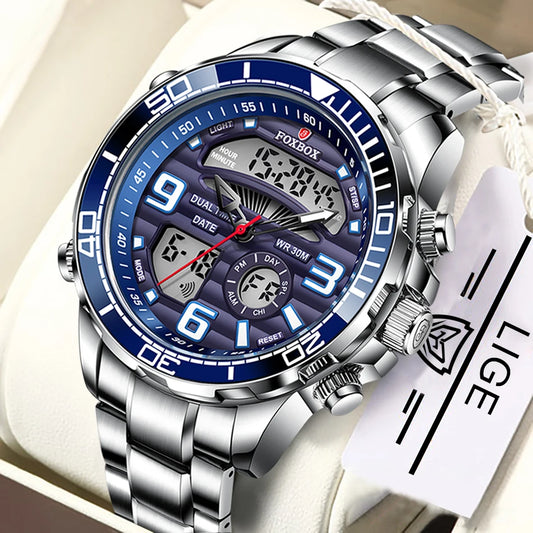 2024 LIGE Brand Foxbox Digital Mens Watches Top Luxury Sport Quartz Wristwatch For Men All Steel Military Waterproof Clock+Box