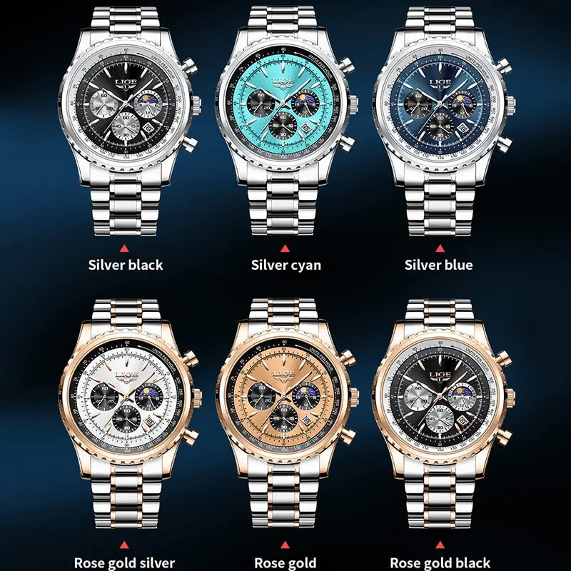 LIGE Precision Elegance Watch Series: A Symphony of Metallic Tones and Intricate Detailing