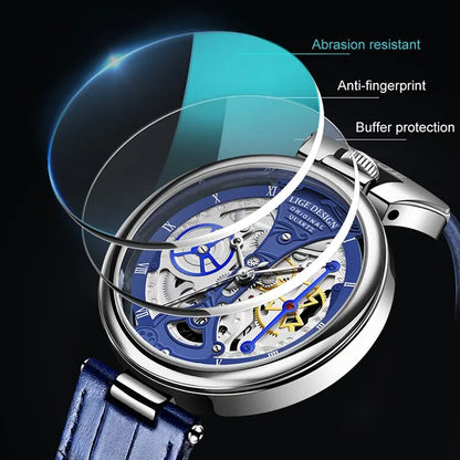 LIGE Luxuriöse automatische Herrenuhr, sichtbares Zahnraddesign, Armband aus echtem Leder, exklusive mechanische Uhrenvarianten