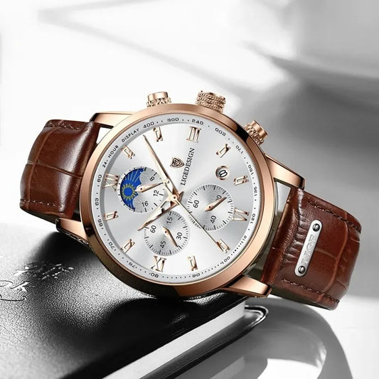 Elegance Redefined: Classic Leather-Band Watch Collection by LIGE, Moon Phase Chronograph, Timeless Sophistication