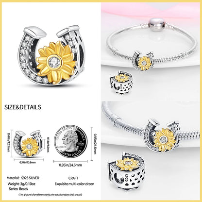 Sparkling Horseshoe & Sunflower Charm in Sterling Silver with Yellow Enamel