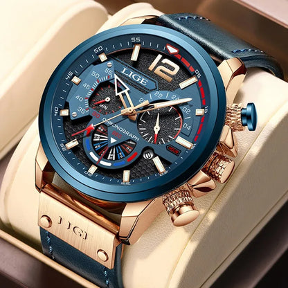 LIGE Classic Chronograph Men's Watch, Elegant Leather Band, Multicolor Dial Options, Versatile Dress Watch Collection