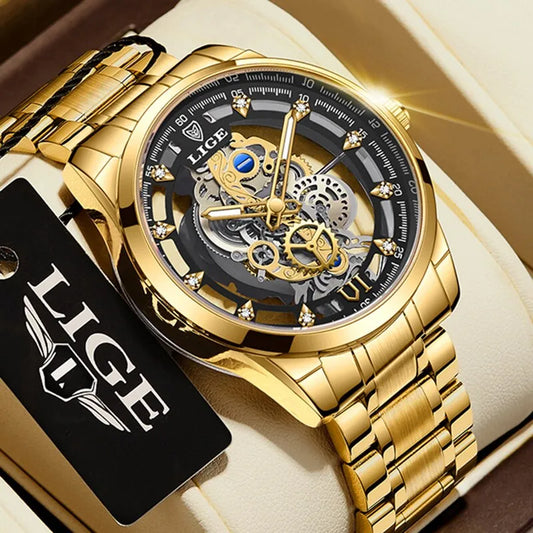 LIGE Luxury Skeleton Dial Watch Collection, Exquisite Craftsmanship in Gold and Silver Finishes