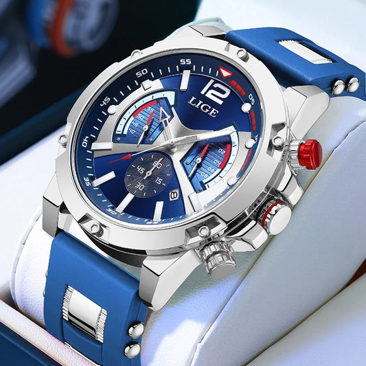 LIGE Men's Bold Chronograph Watch Series, Diverse Color Combinations, Sporty Luxury Design