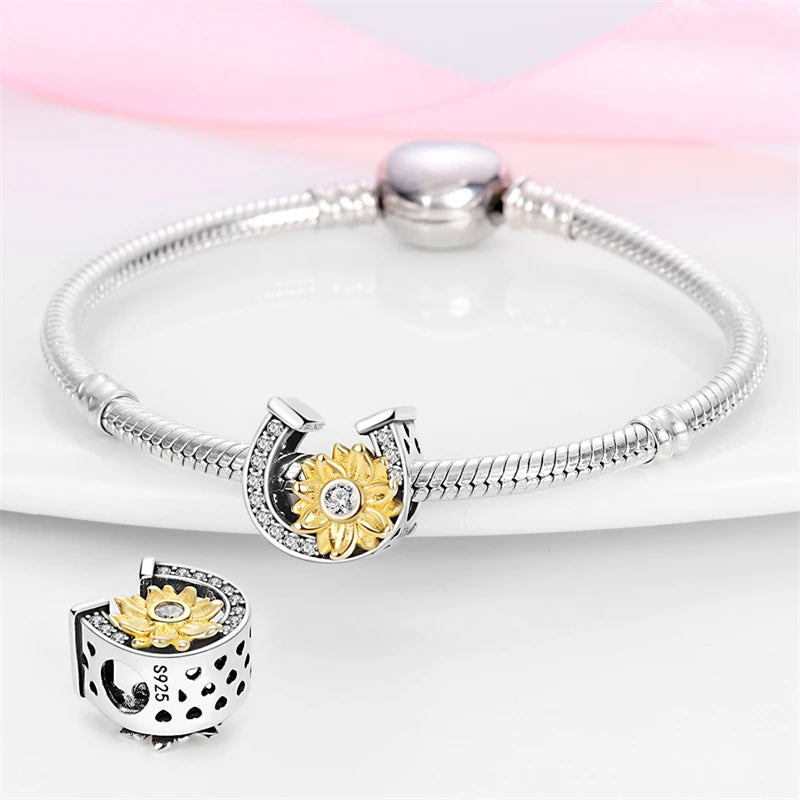 Sparkling Horseshoe & Sunflower Charm in Sterling Silver with Yellow Enamel