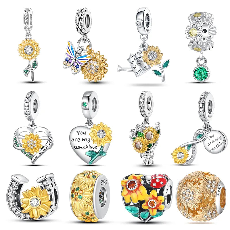 Sterling Silver Heart Charm with Hummingbird and Golden Sunflower, Exquisite Nature-Inspired Design with Crystal Details