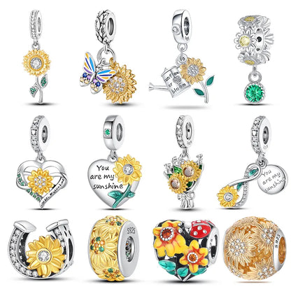 Charm Cuore in Argento 925 con Dettagli di Girasole e Foglia, Arricchito con Smalto Dorato e Cristalli