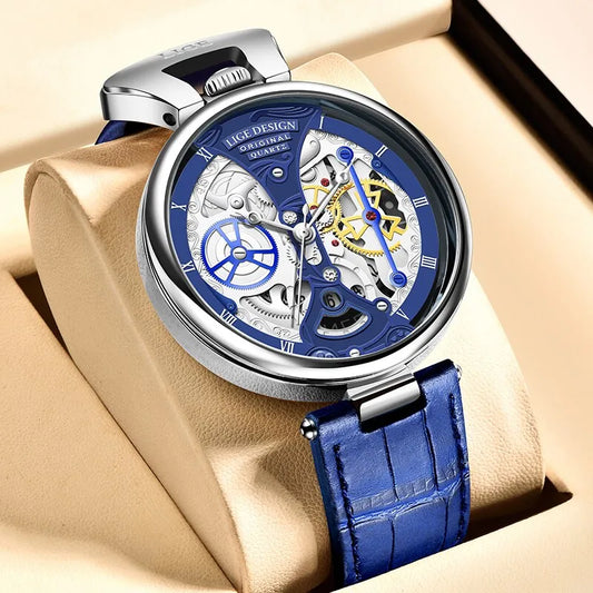 Orologio automatico da uomo di lusso LIGE, design con ingranaggi a vista, cinturino in vera pelle, varianti esclusive di orologi meccanici