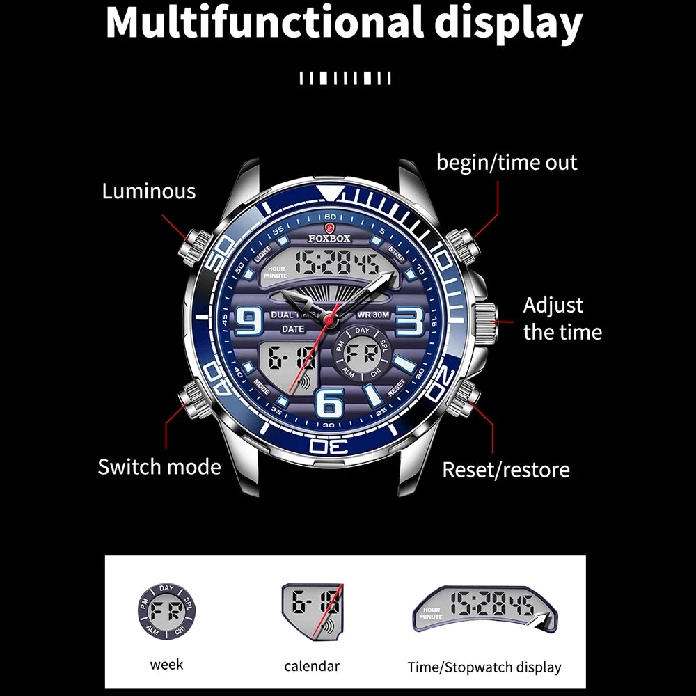 2024 LIGE Marca Foxbox Digital Mens Orologi Top Luxury Sport Orologio da polso al quarzo per uomo Tutto in acciaio Orologio impermeabile militare + Box