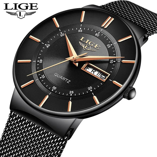 LIGE Men's Modern Mesh Watch Collection, Elegant Quartz Timepieces in Diverse Metallic Hues