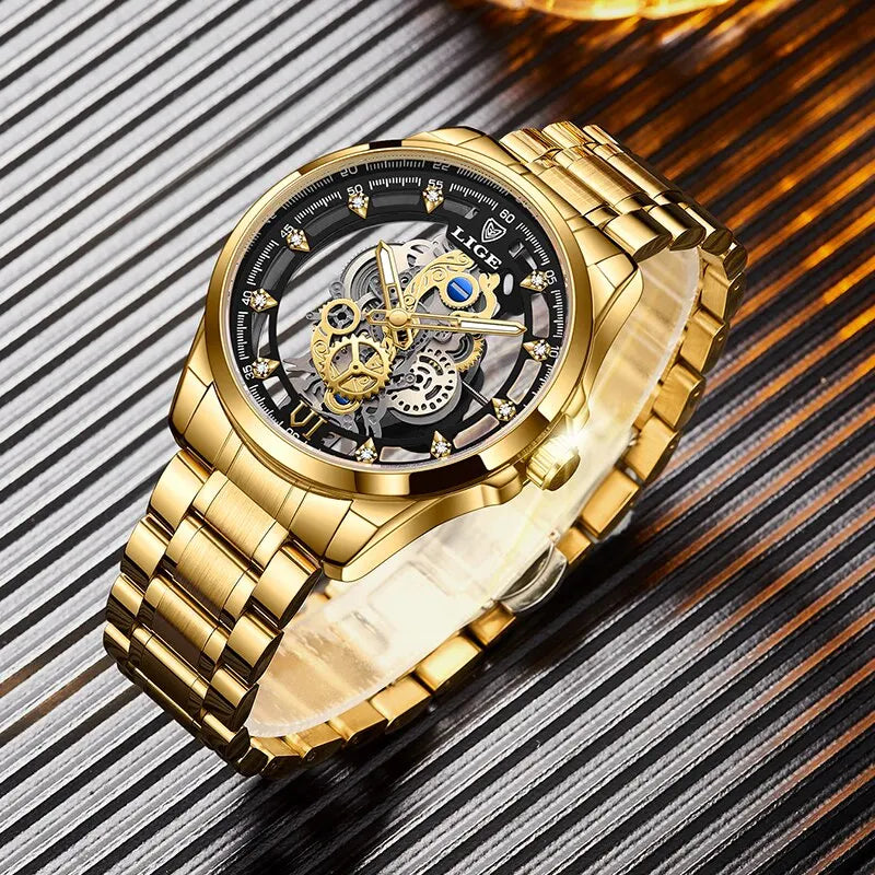 LIGE Luxury Skeleton Dial Watch Collection, Exquisite Craftsmanship in Gold and Silver Finishes