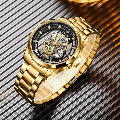 LIGE Luxury Skeleton Dial Watch Collection, Exquisite Craftsmanship in Gold and Silver Finishes