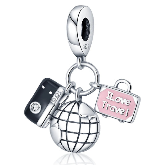 Sterling Silver World Traveler Charm Set with Globe, Suitcase, and "I Love Travel" Tag, Perfect for Globetrotters and Adventure Seekers