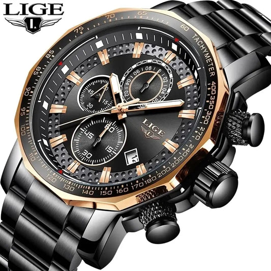 LIGE Fashion Chronograph Men's Watch, Sleek Stainless Steel in Three Luxurious Finishes, Timeless Accessory