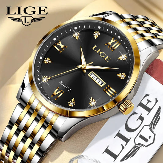 LIGE Classic Roman Numeral Date Watch, Elegant Two-Tone Stainless Steel Band, Selection of Distinguished Dial Colors