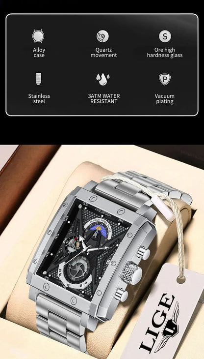 LIGE Herrenuhr, lässige Militär-Sport-Quarz-Chronographen-Armbanduhr für Männer, Designer-Herrenuhr aus Edelstahl, mechanisches Tourbillon-Uhrwerk, luxuriöses Mode-Uhrwerk, Geschenkset mit Garantie