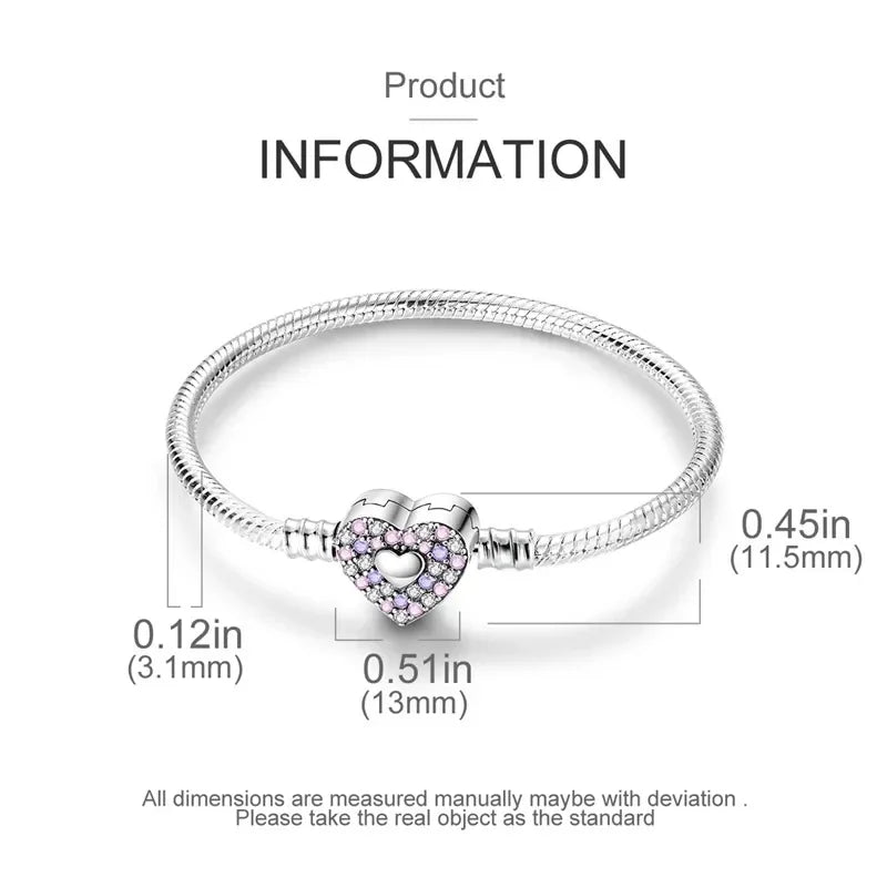 "Pink Heart Glow": ciondolo a forma di cuore di cristallo in bracciale a catena serpente in argento sterling