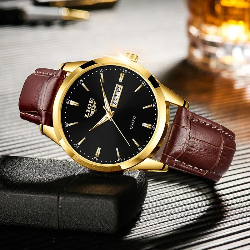 Orologio LIGE Essential da uomo in pelle, quadrante classico nei toni dell'oro e del nero, collezione di segnatempo raffinati