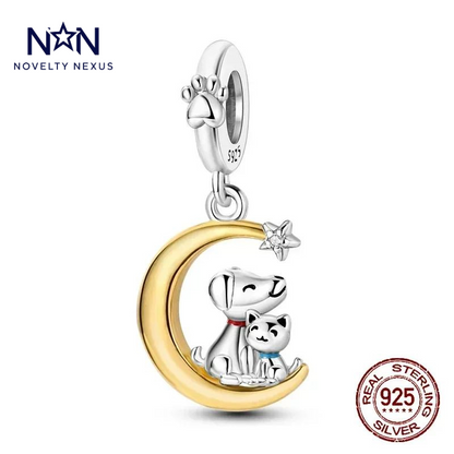 "Moonlit Companions" Sterling Silver and Gold Dog and Cat Charm