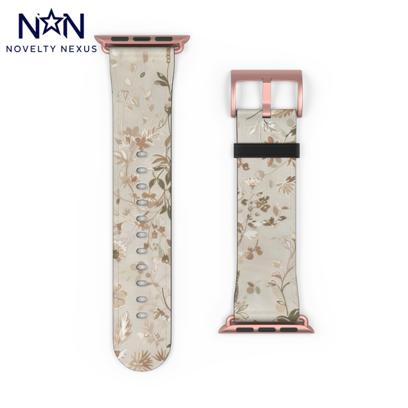 Classic Neutral Floral Apple Watch Band, Elegant Botanical Print Strap, Timeless Accessory, Sophisticated Tech Wear. Apple Watch Straps For Series 4 5 6 7 8 9 ULTRA SE 38/40/41mm & 42/44/45mm Vegan Faux Leather Band