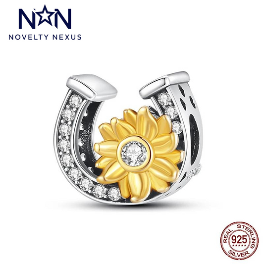 Sparkling Horseshoe & Sunflower Charm in Sterling Silver with Yellow Enamel