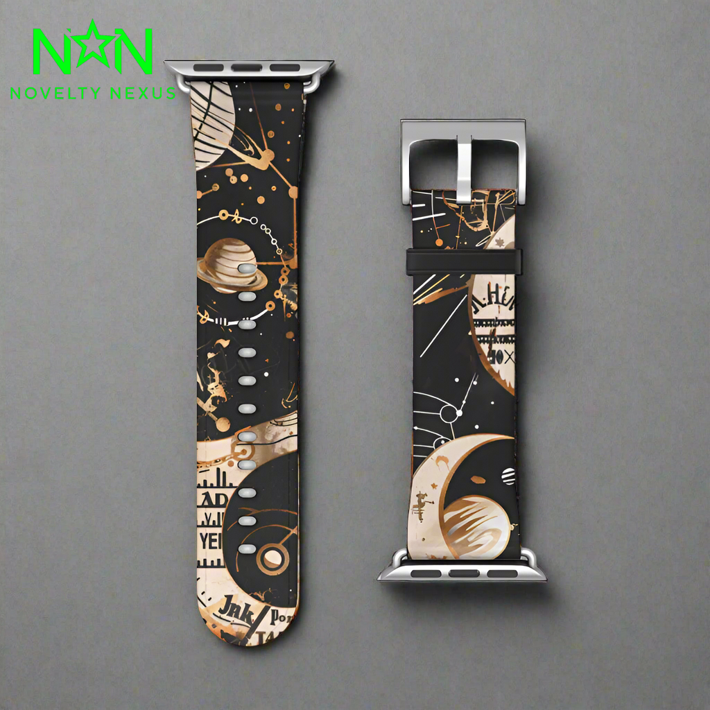 Astronomical Symbols Apple Watch Band, Stylish Galaxy Print, Elegant Black & Tan Silicone Strap for Astrology Lovers. Apple Watch Band Apple Watch Straps For Series 4 5 6 7 8 9 ULTRA SE 38/40/41mm & 42/44/45mm Vegan Faux Leather Band