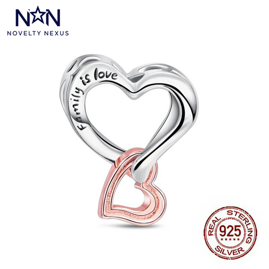 Heartfelt Family Love Charm in Sterling Silver with Rose Gold Accent, Engraved with "Family is Love", Perfect Keepsake for Loved Ones