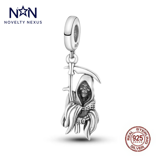 "Grim Reaper Scythe" Charm in Sterling Silver, Gothic Skeleton Pendant for Halloween Bracelets