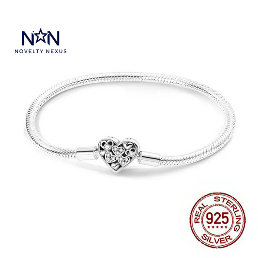 "Heart of Hearts": Love Charm in Sterling Silver Snake Chain Bracelet