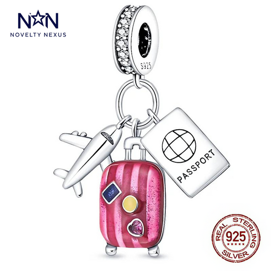 Adventure Awaits Travel Charm – Pink Suitcase, Airplane, and Passport Trio