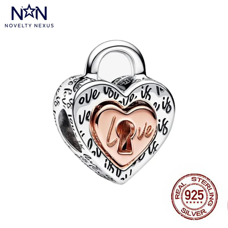 Romantic Sterling Silver Heart Lock Charm with Rose Gold Love Inscription for Bracelets and Necklaces